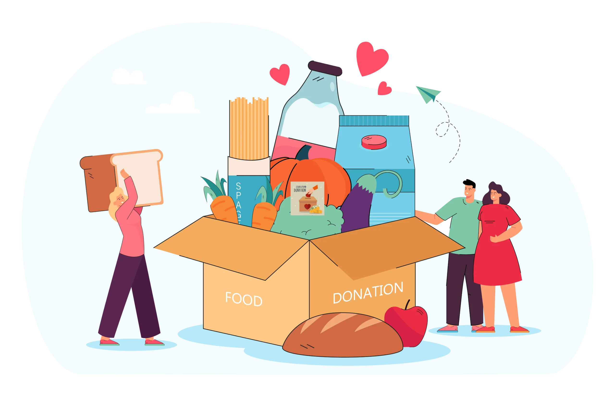 tiny people standing near box of donation food for delivery