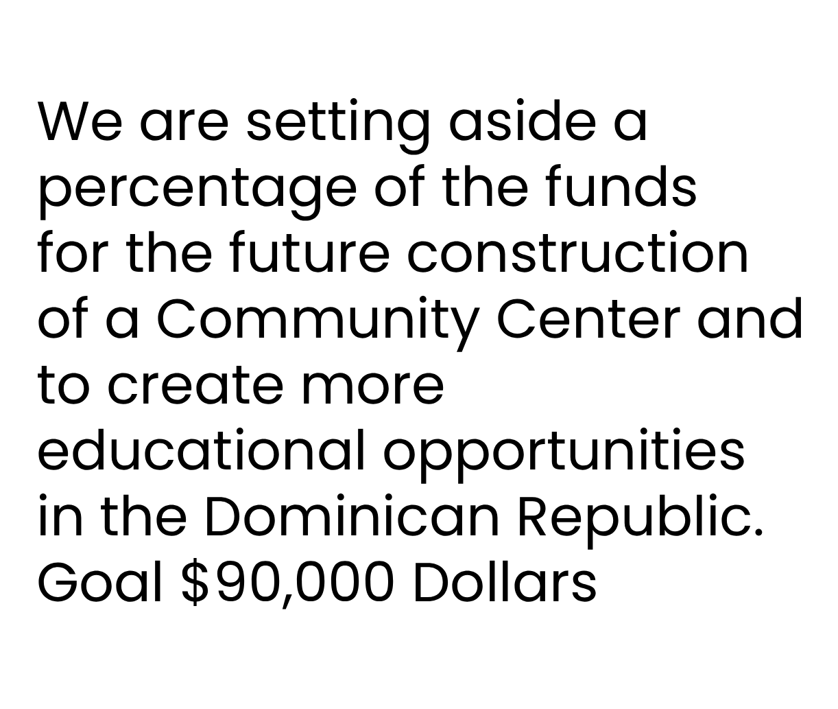 We are setting aside a
percentage of the funds
for the future construction
of a Community Center and
to create more
educational opportunities
in the Dominican Republic.
Goal $90,000 Dollars